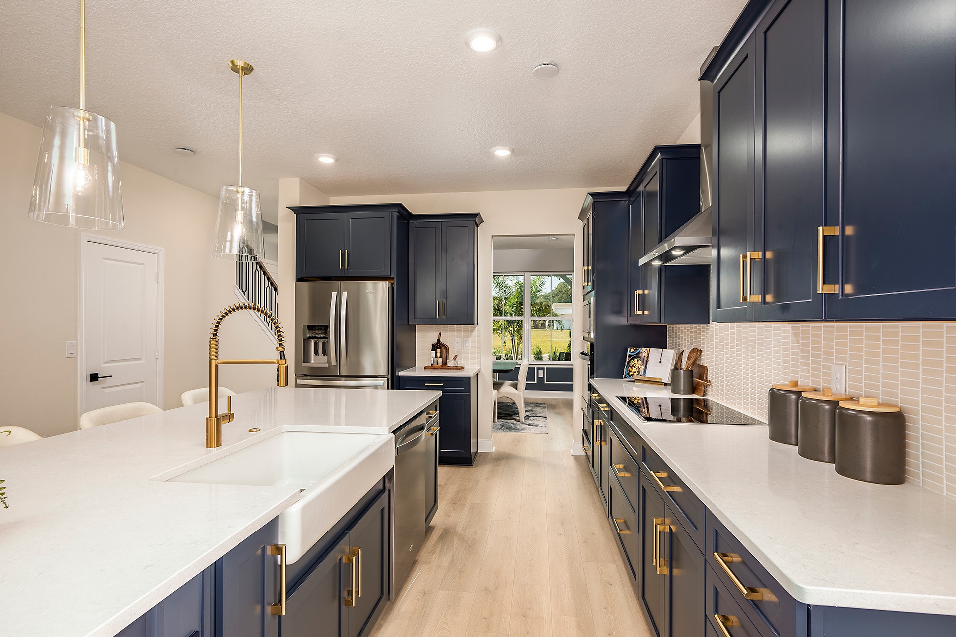 kitchen with center island and view of great room