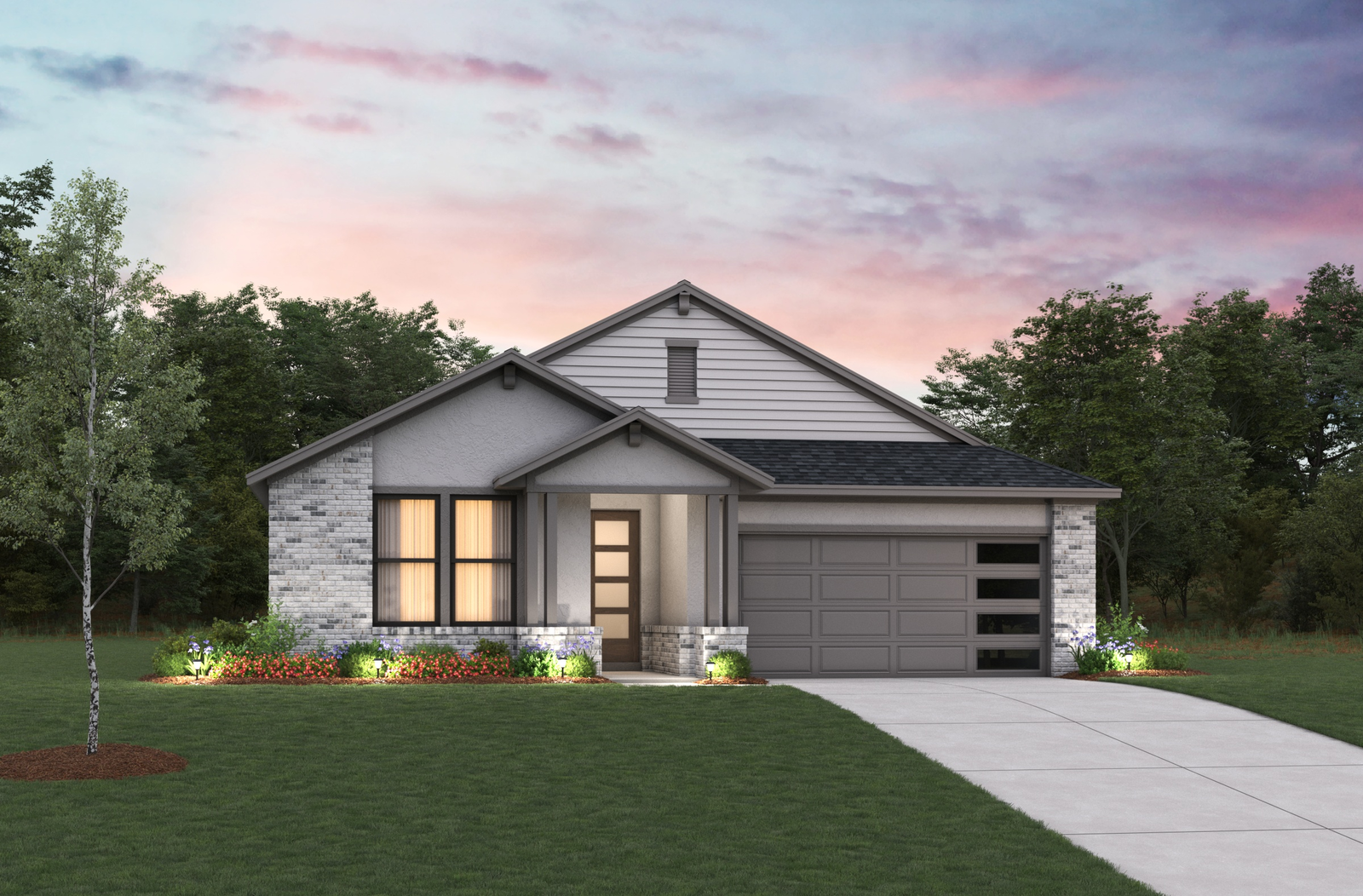 one-story home with brick and dusk skies