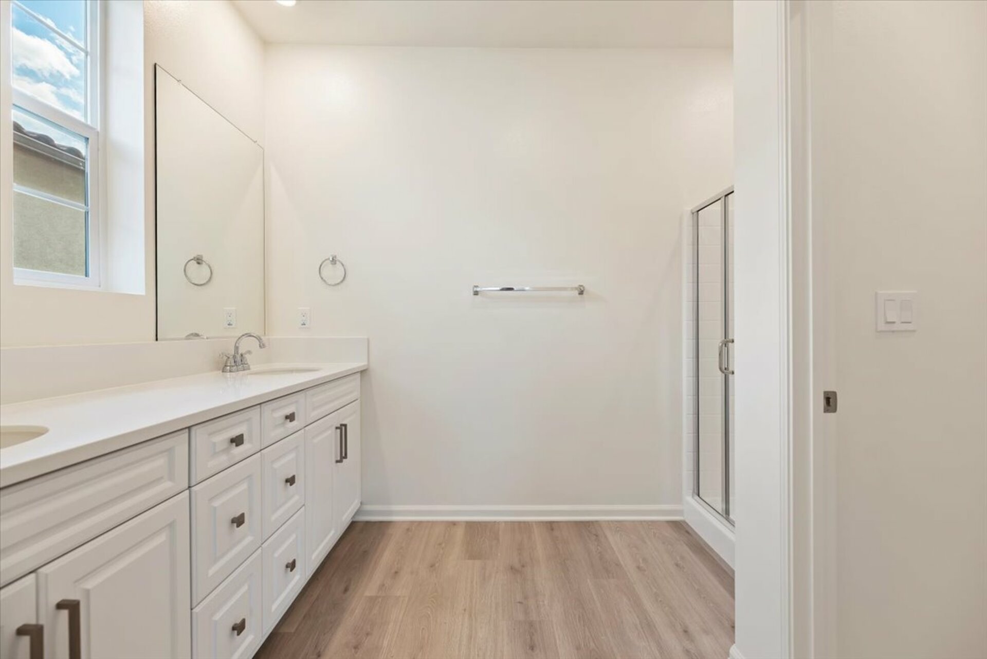 dual-sink vanity and a walk-in shower