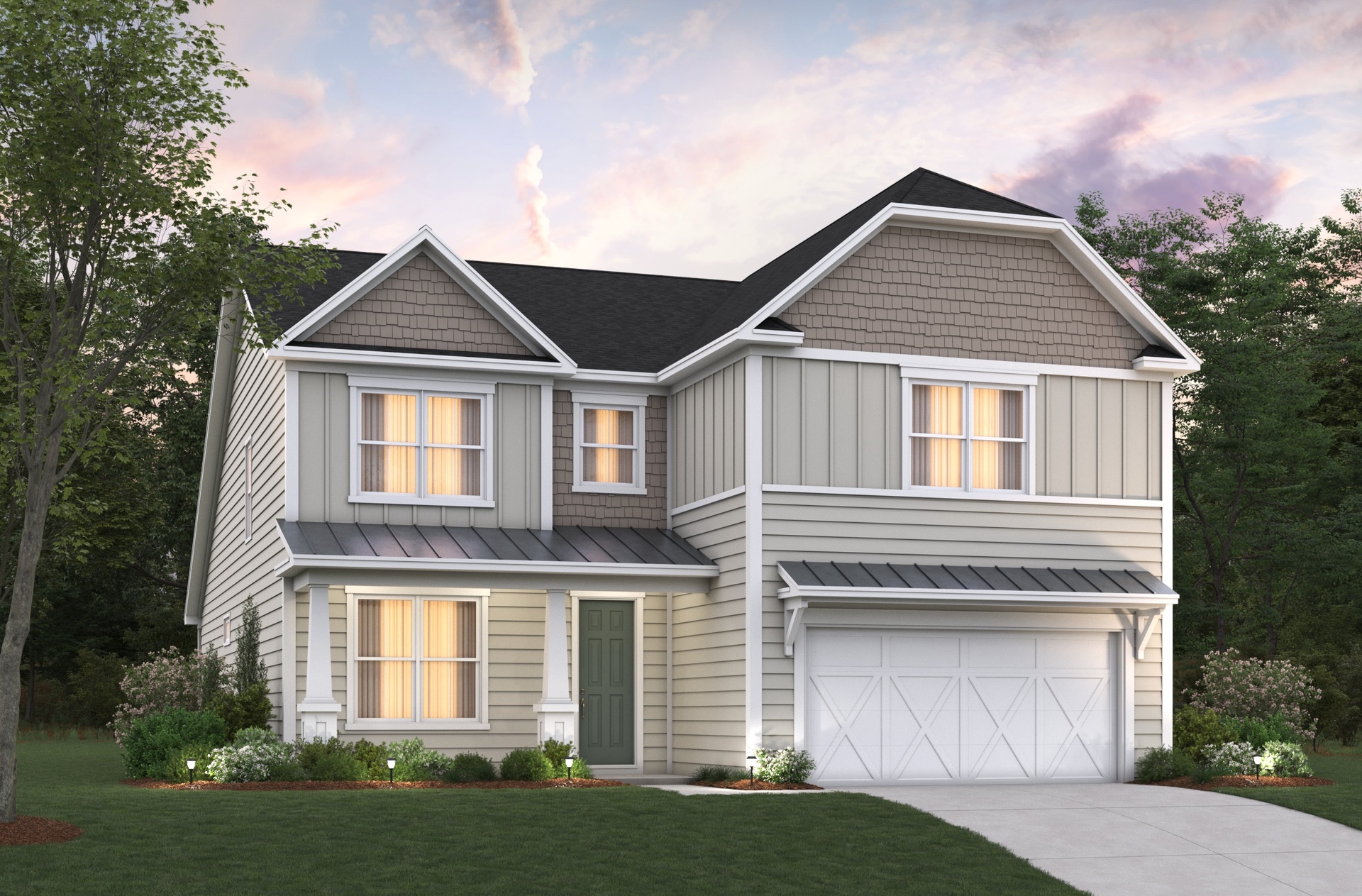 light tan siding with black roof and white garage door