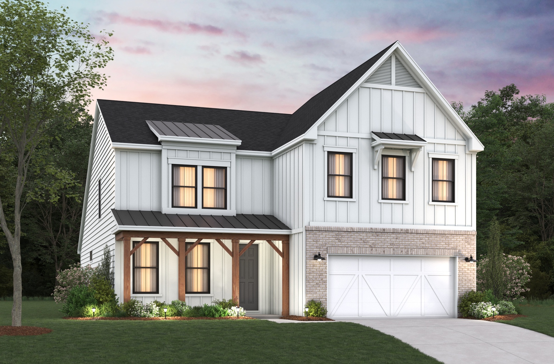 white siding with black roof and brick exterior around garage 