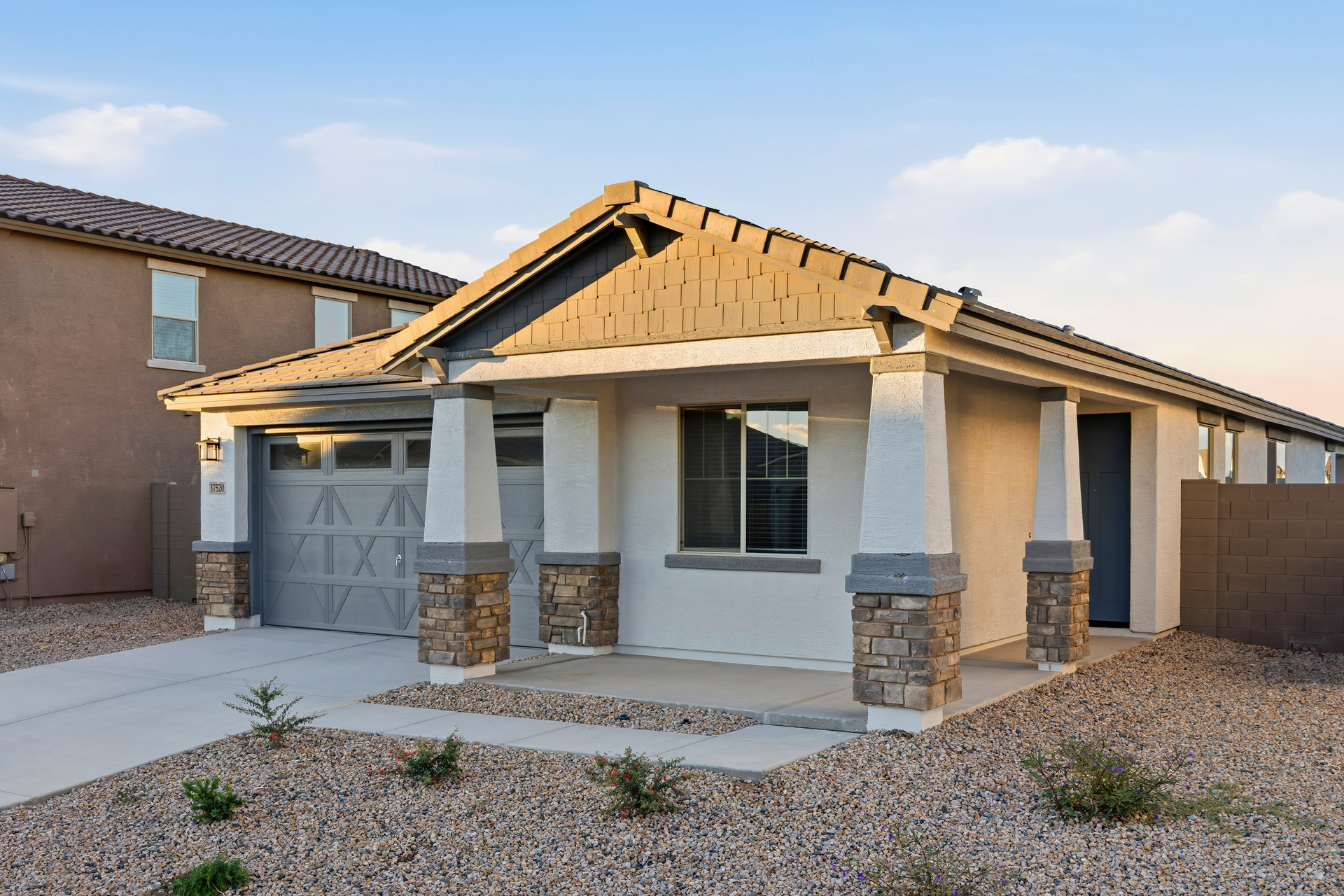 single-story home with desert landscaping and concrete driveway