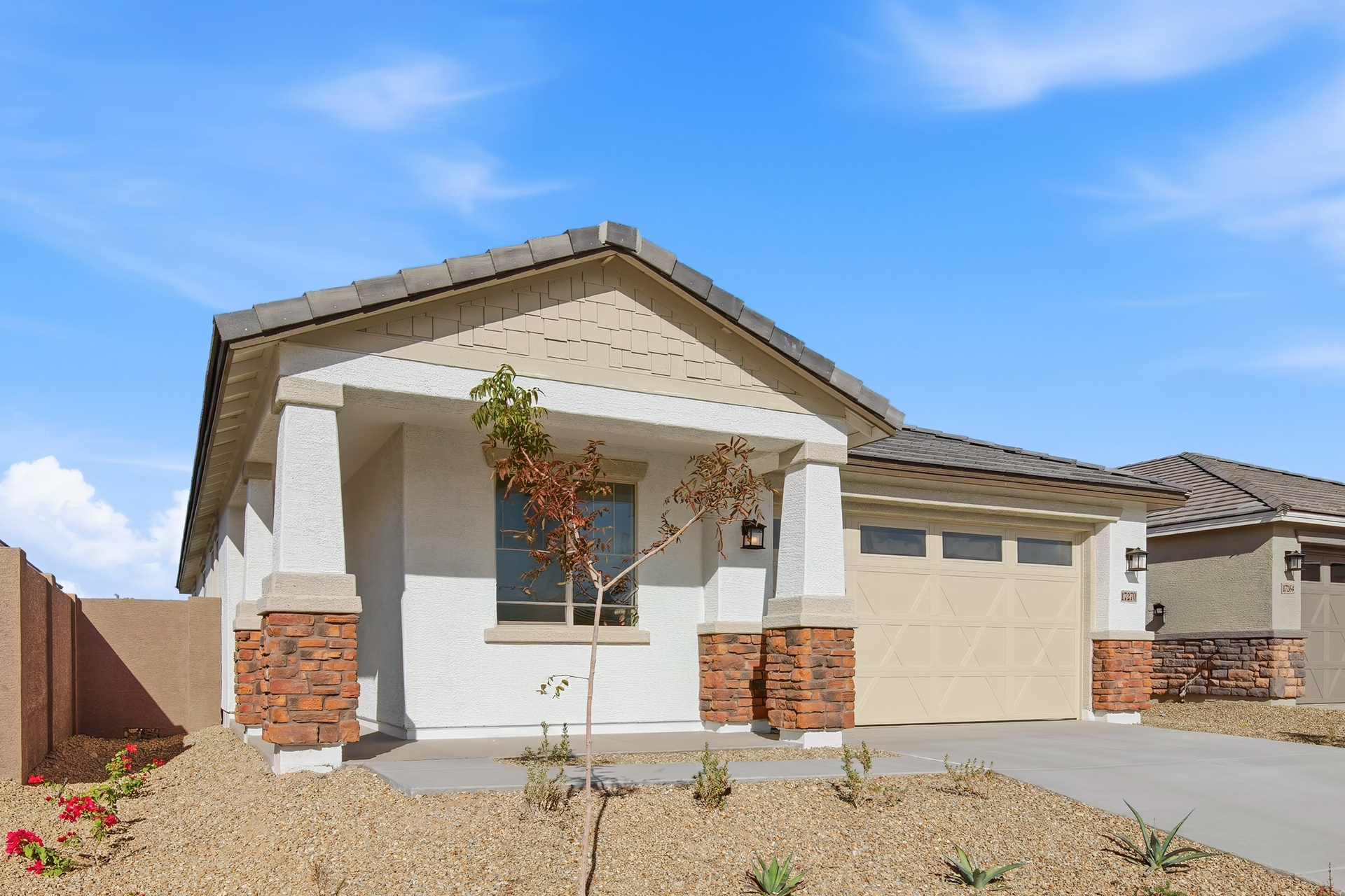 single-story home with desert landscaping and concrete driveway