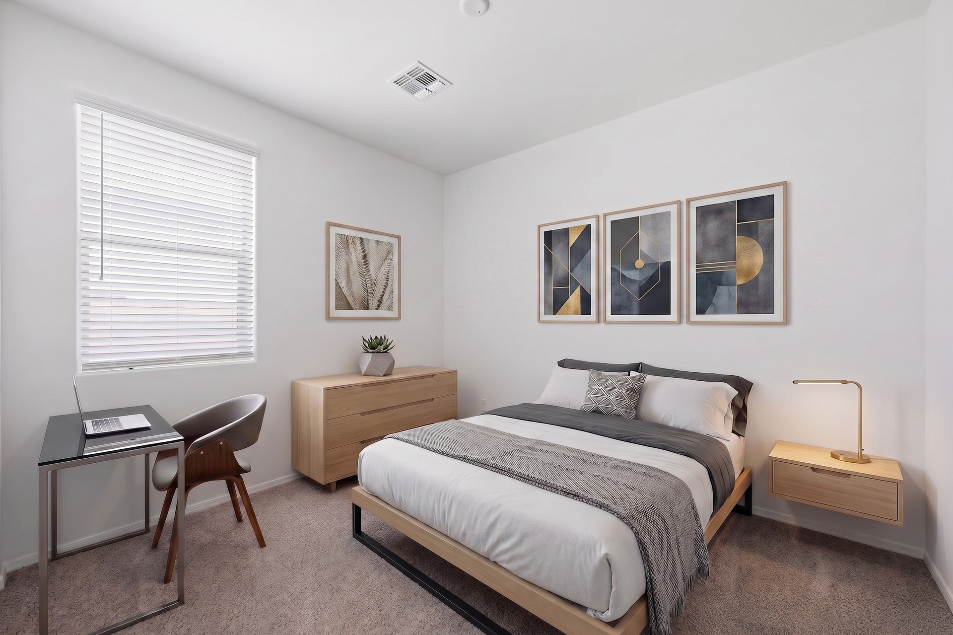 spacious bedroom with large oak bedframe, floating oak nightstand, and large oak dresser