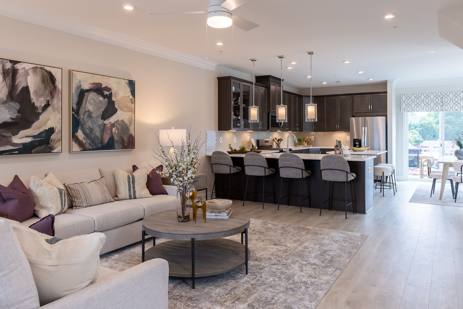 great room and kitchen with designer flooring
