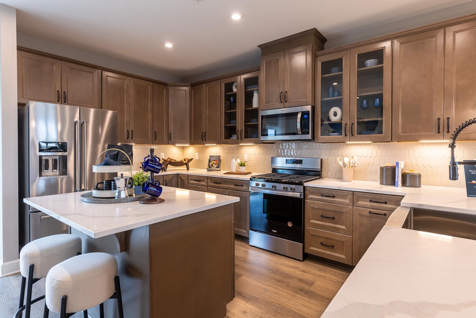 kitchen with a center island with barstools