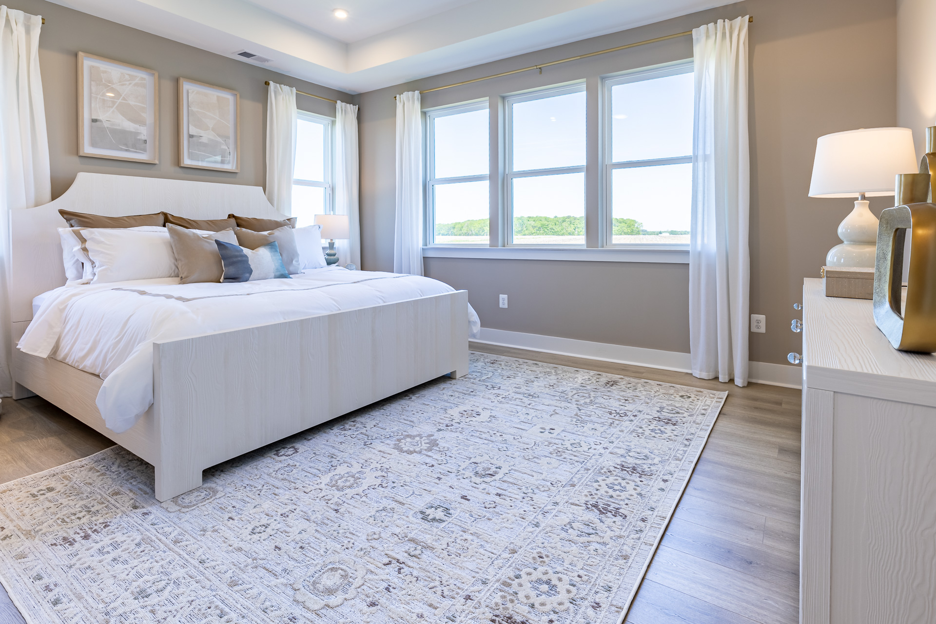 primary suite with a box ceiling