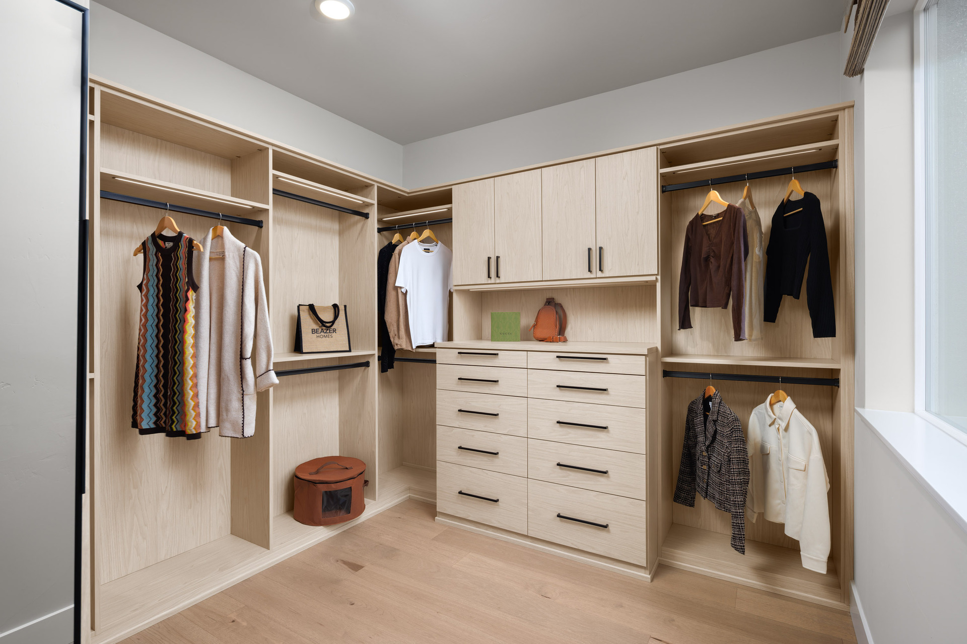 walk-in closet with wood floors, built-in drawers & shelves, and window