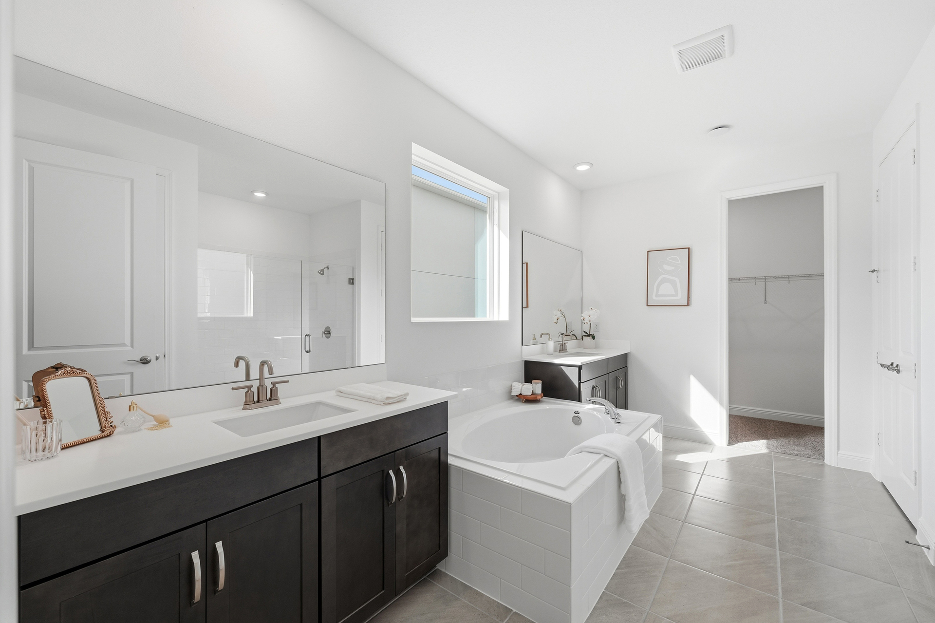dual sink vanity with shower and tub