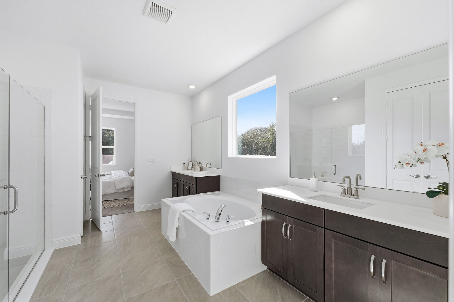 dual sink vanity with shower and tub