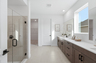 dual sink vanity with shower and primary closet