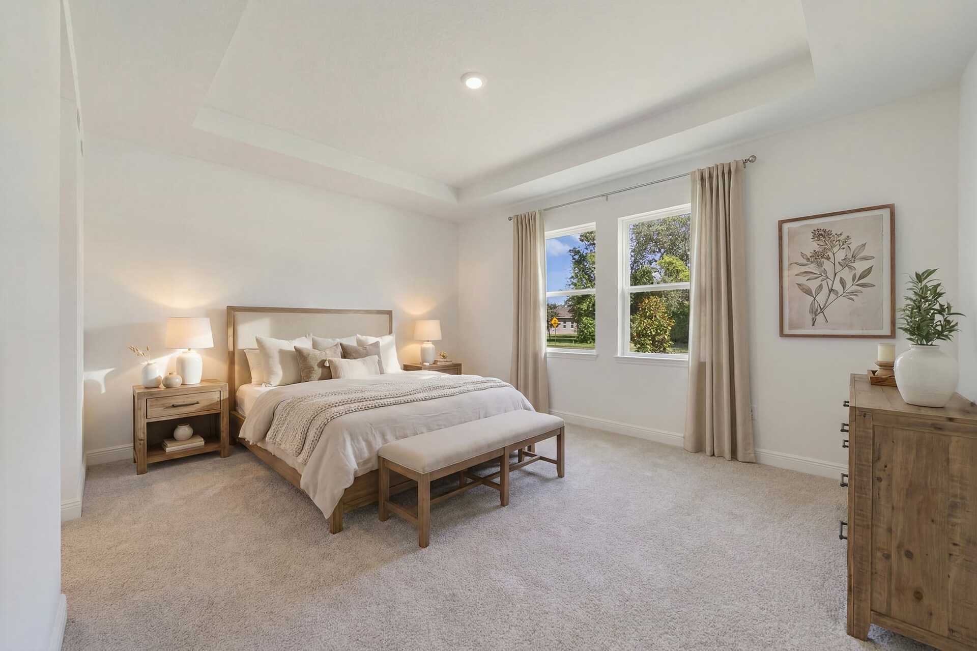 carpet throughout with tray ceilings and multiple windows