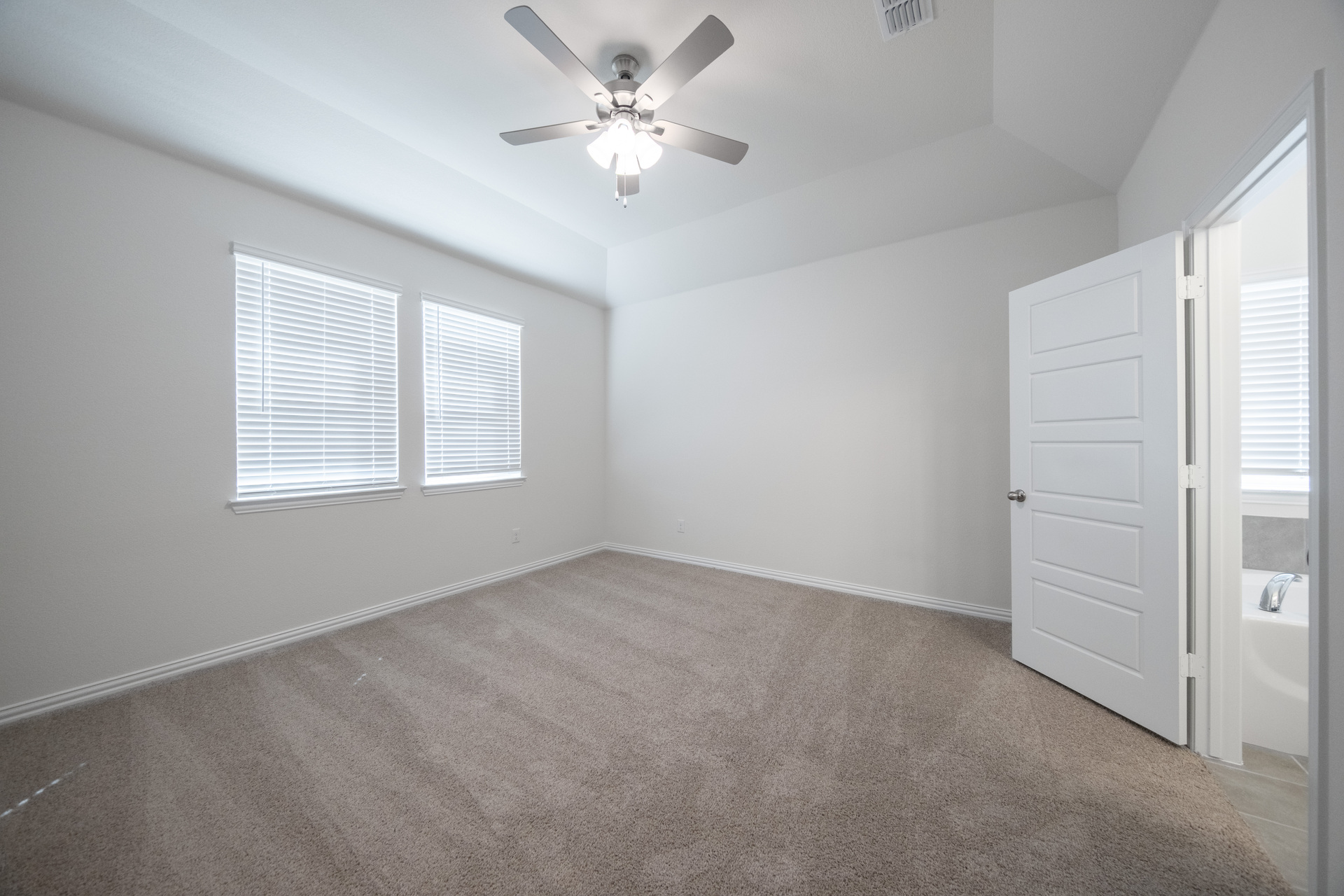 primary bedroom with carpet and windows