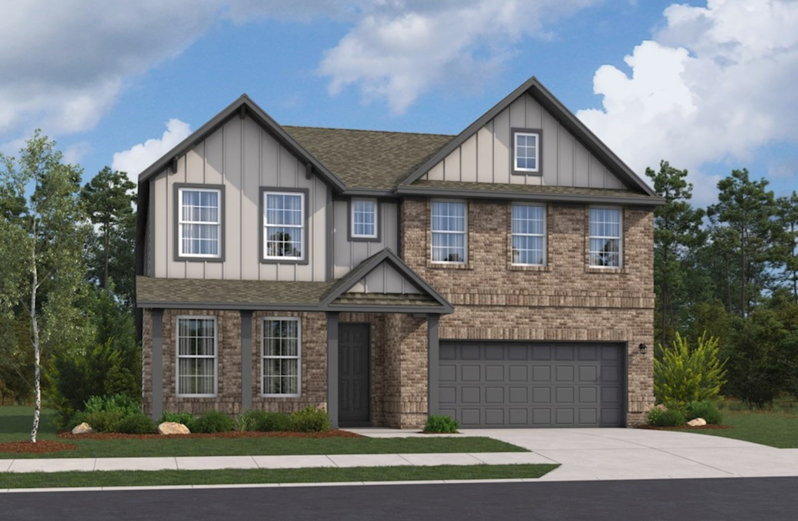 exterior with brick, stone & a covered porch 