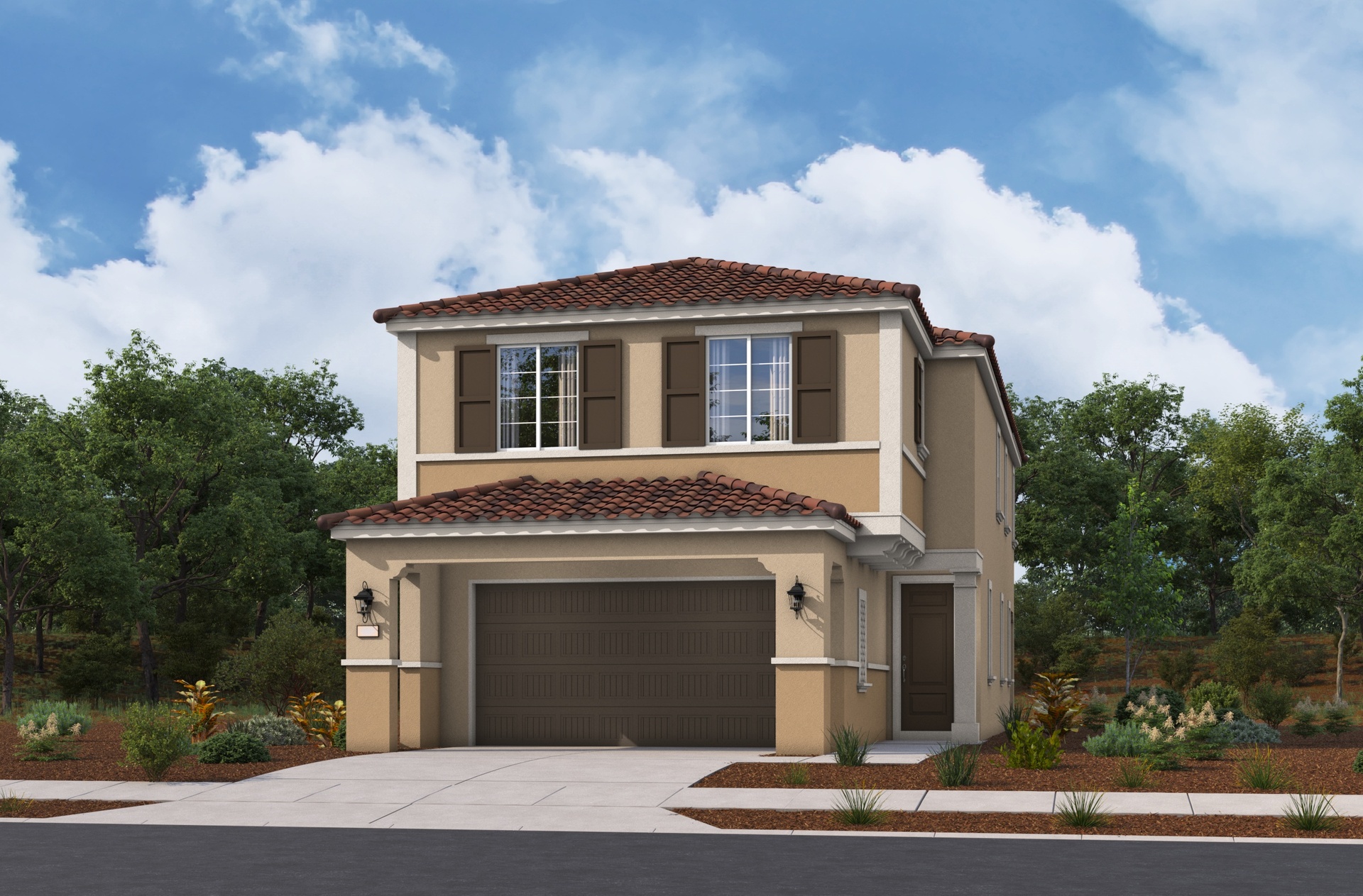two-story brown exterior with two large windows and a dark brown windowless garage