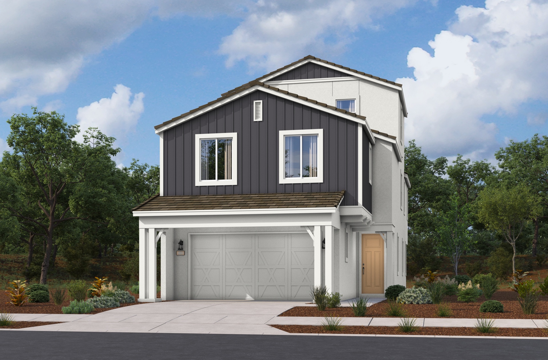 two-story dark grey and white exterior with two large windows and a white windowless garage