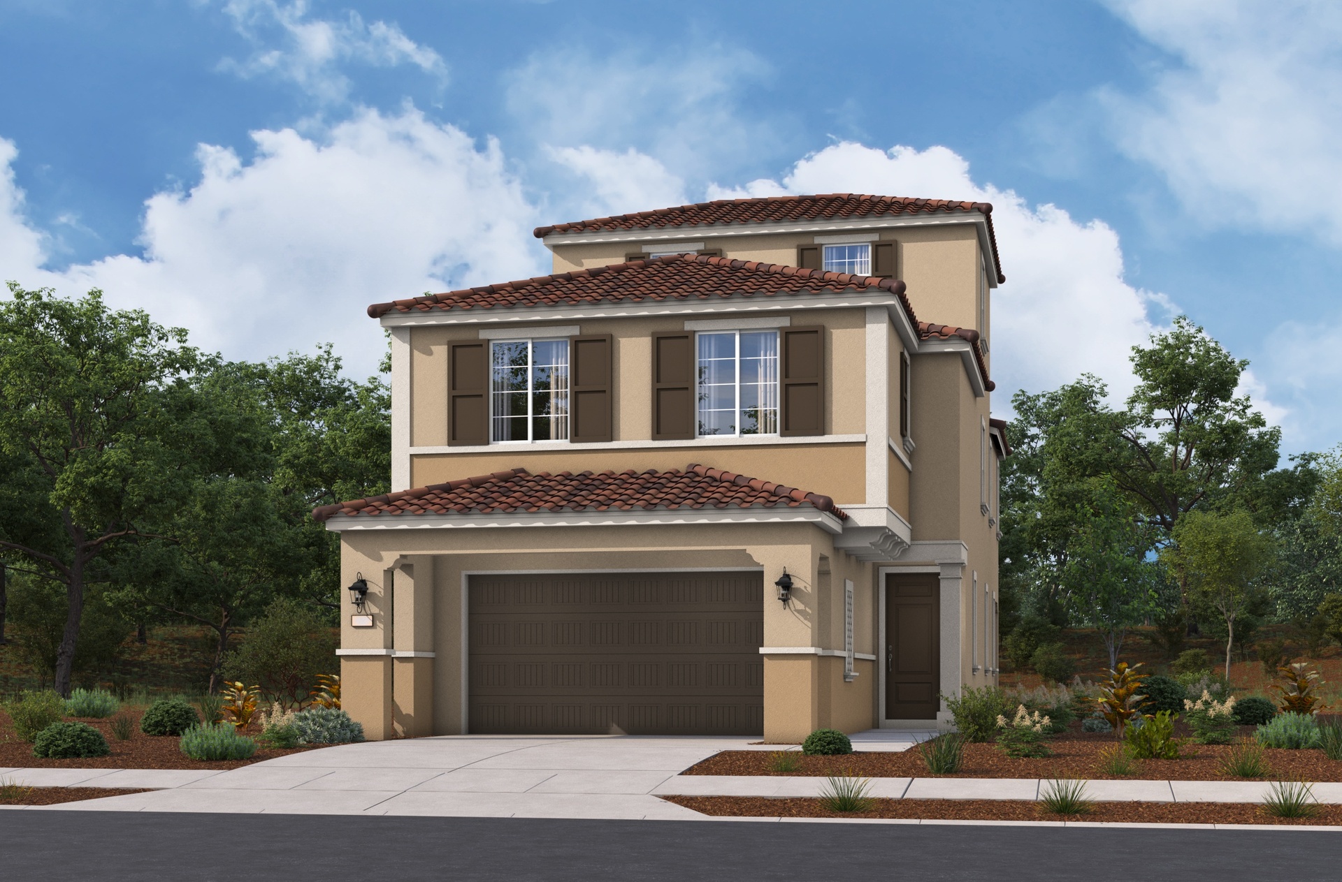 two-story brown exterior with two large windows and a dark brown windowless garage