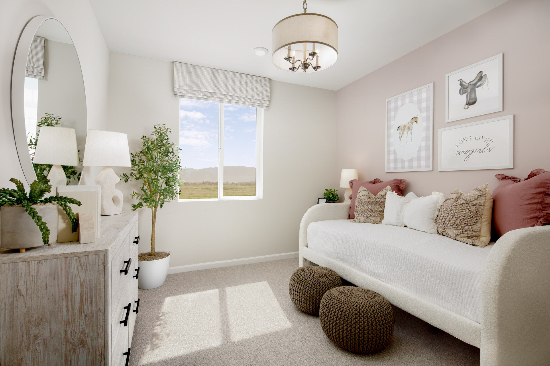 bedroom with neutral carpet and large window