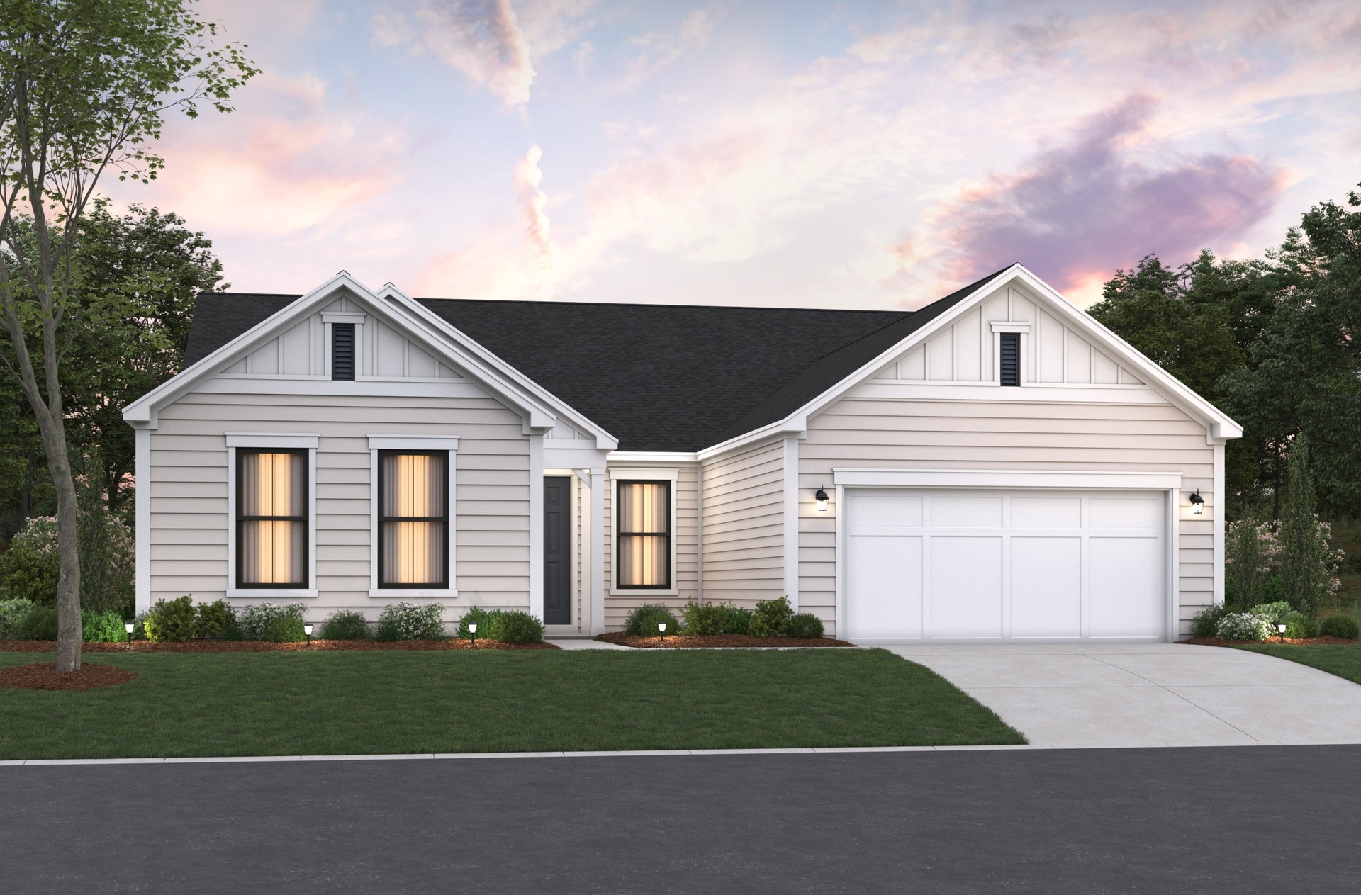 tan colored siding with white and black accents and black roof 