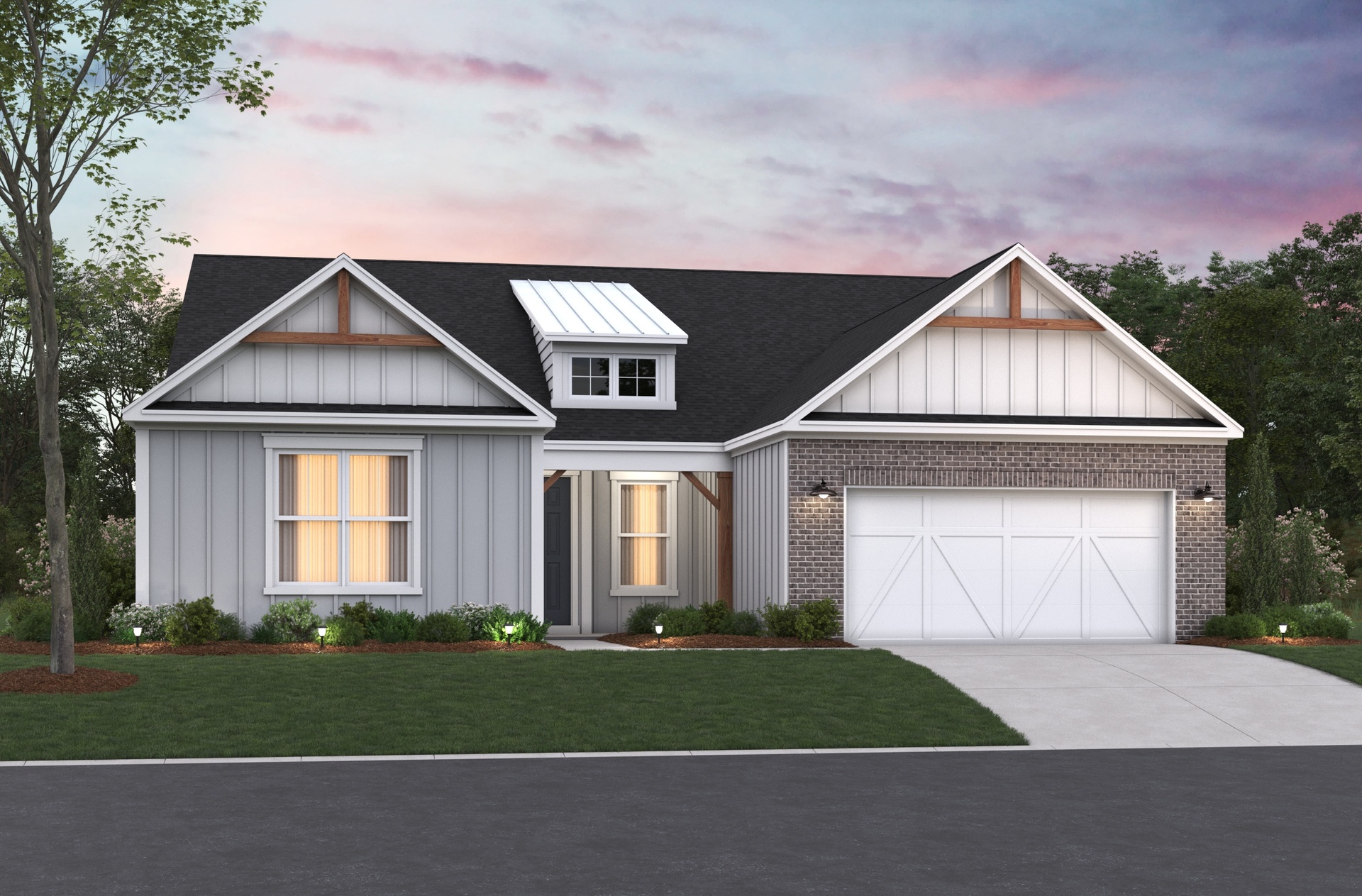 light gray exterior, brick accent on garage and black roof