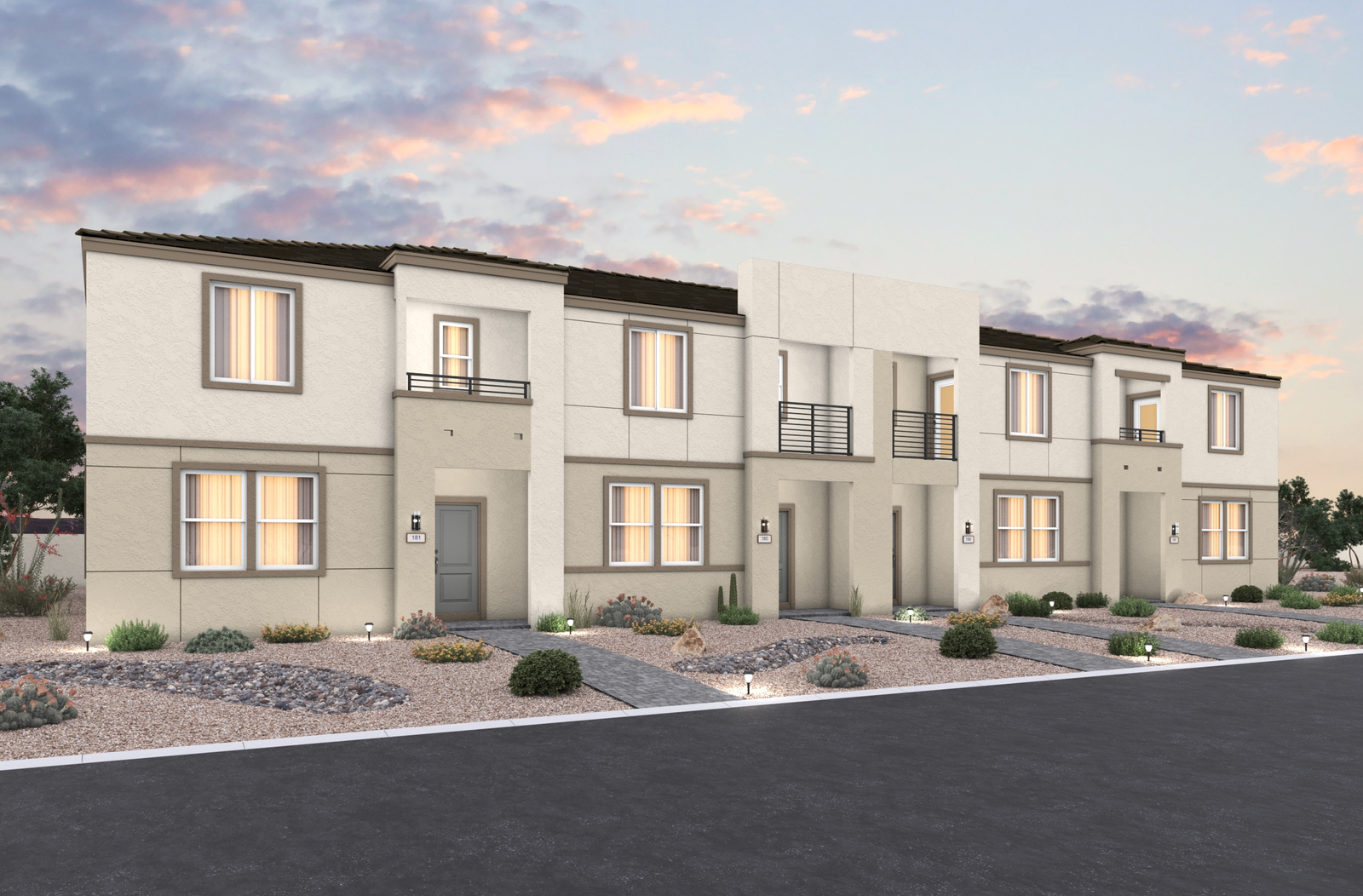 two story townhomes with grey pavers