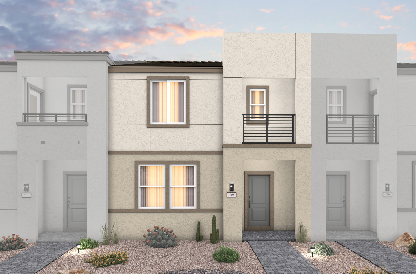 two story townhomes with grey pavers