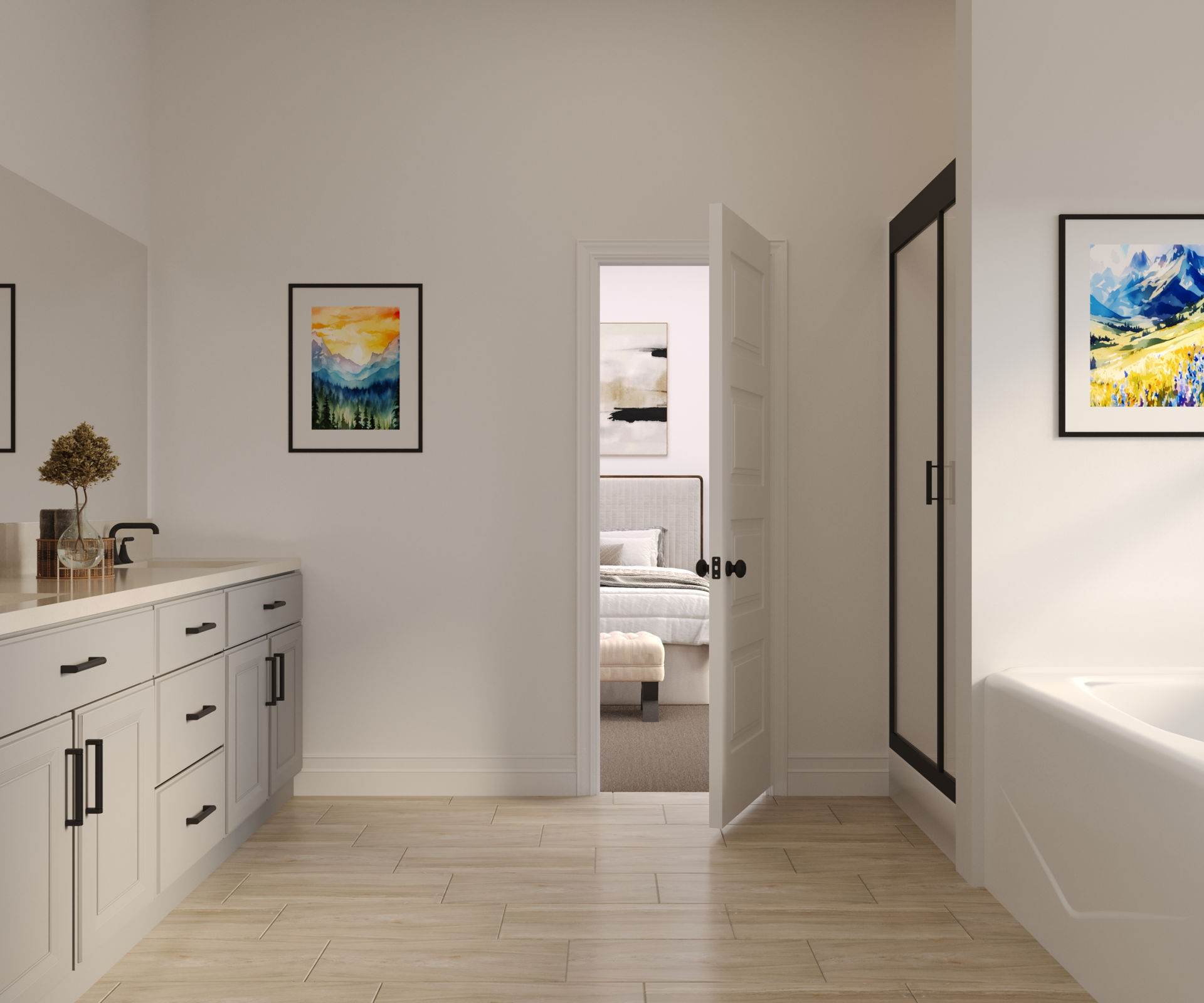 bathroom with wood-like flooring, walk-in shower and soaking tub