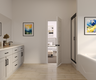 bathroom with wood-like flooring, walk-in shower and soaking tub