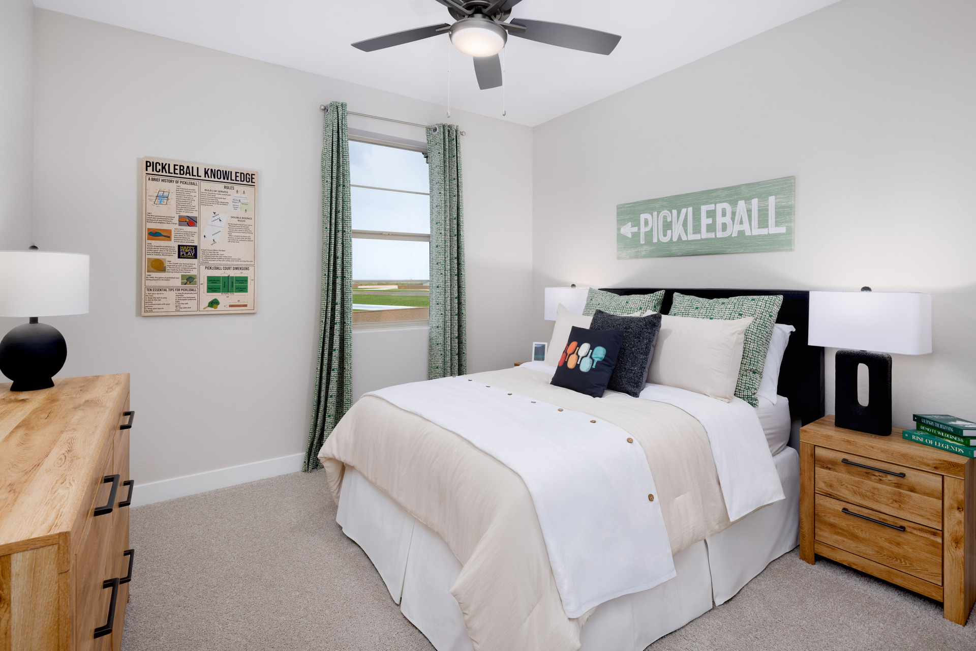 bedroom with a large white bed and wooden nightstands