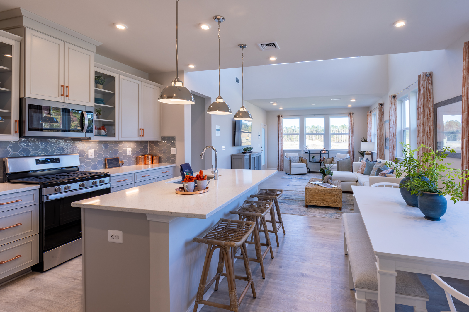 kitchen and dining area with designer flooring