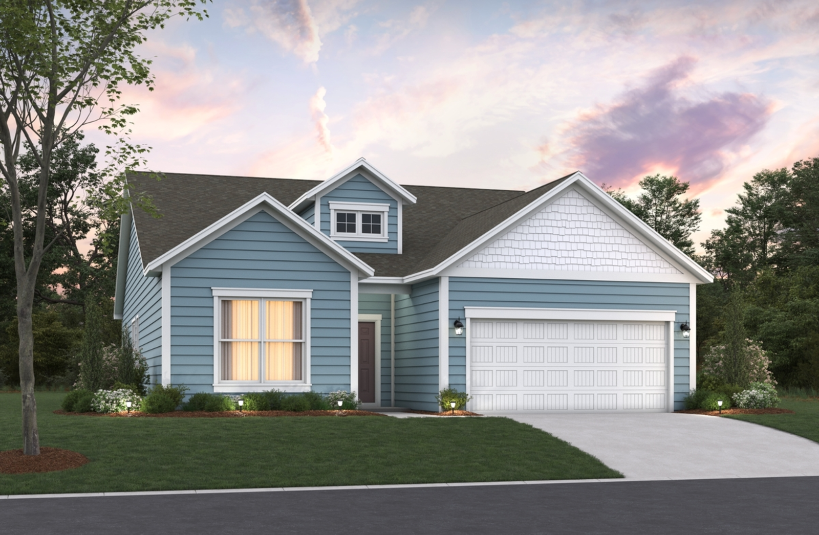 blue vinyl exterior with brown front door