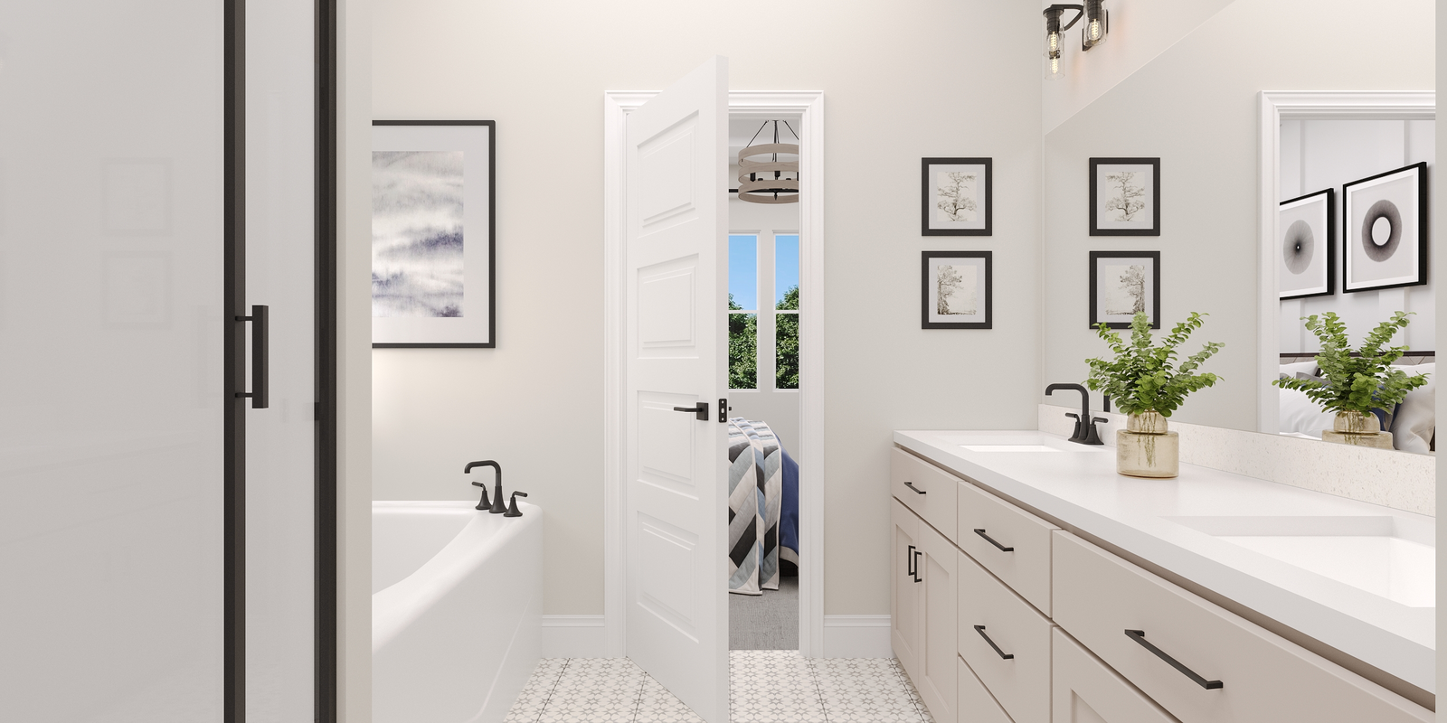 primary bathroom with tile floors and a tub