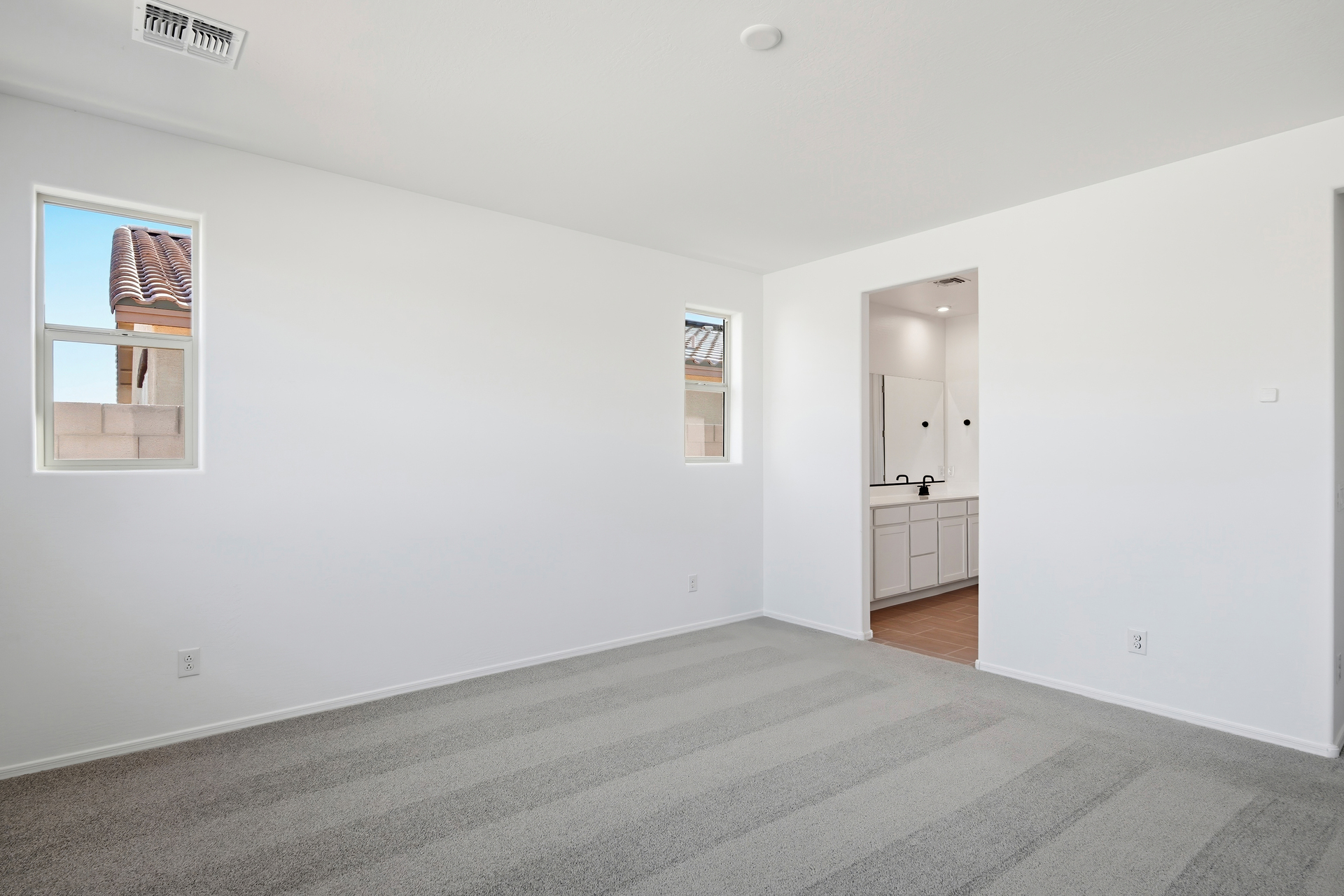 spacious bedroom with light gray carpet and windows for natural light