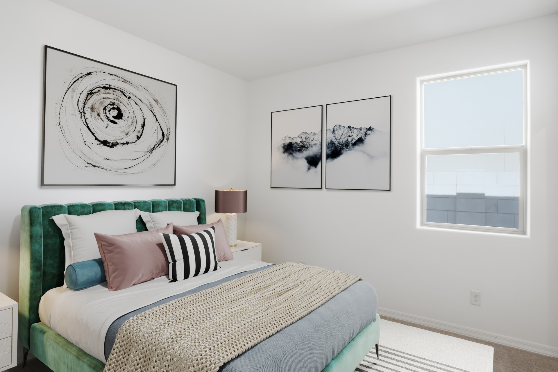 bedroom with green velvet bedframe, white nightstands, and white rug