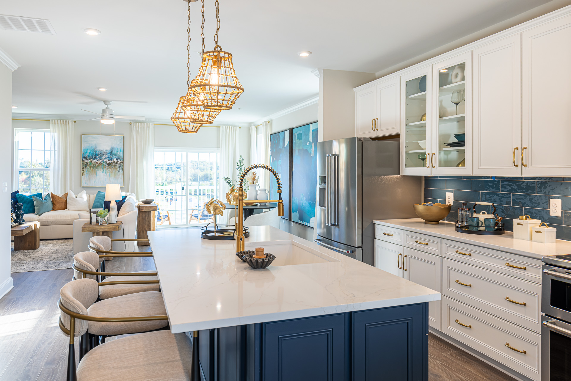 kitchen extending to the great room with designer flooring