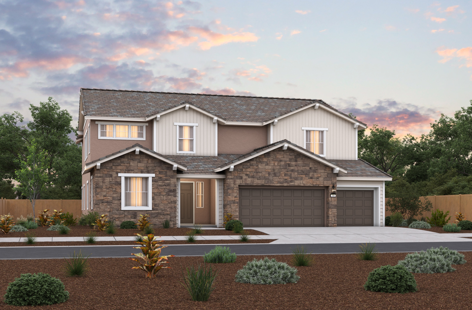 exterior of two-story home with stacked stone