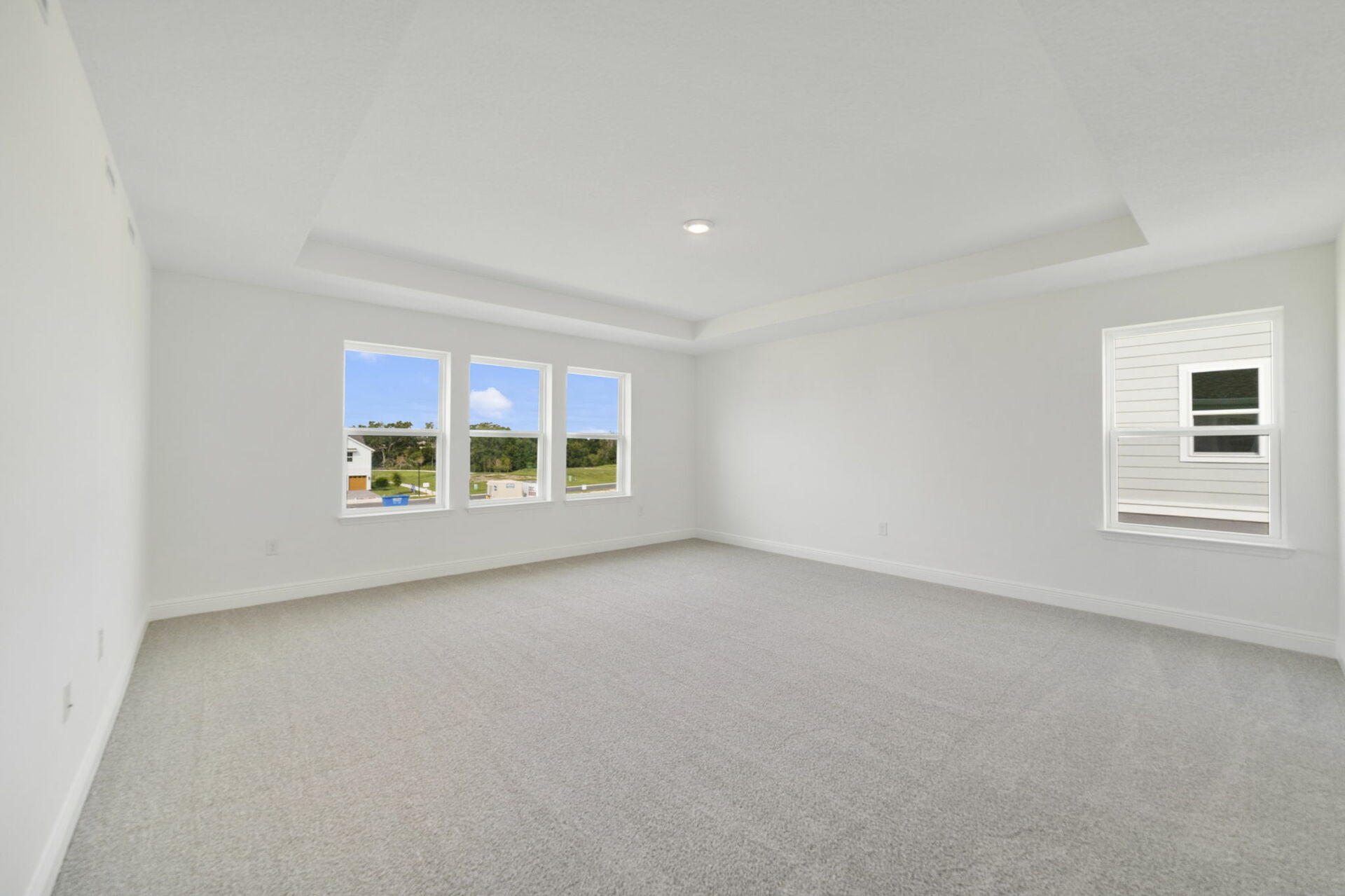 bedroom with carpet, tray ceiling, windows and access to primary bathroom