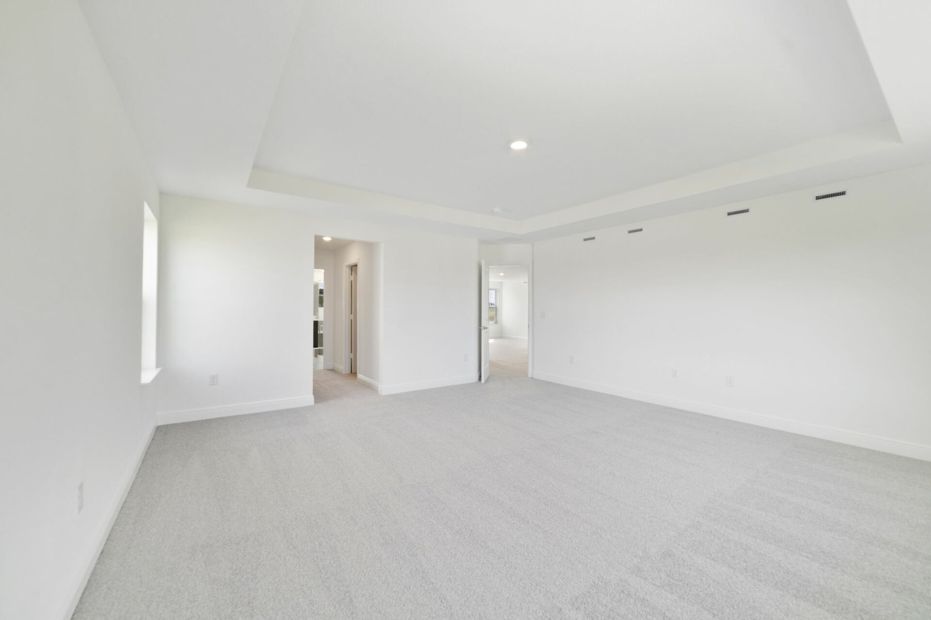 bedroom with carpet, tray ceiling, windows and access to primary bathroom