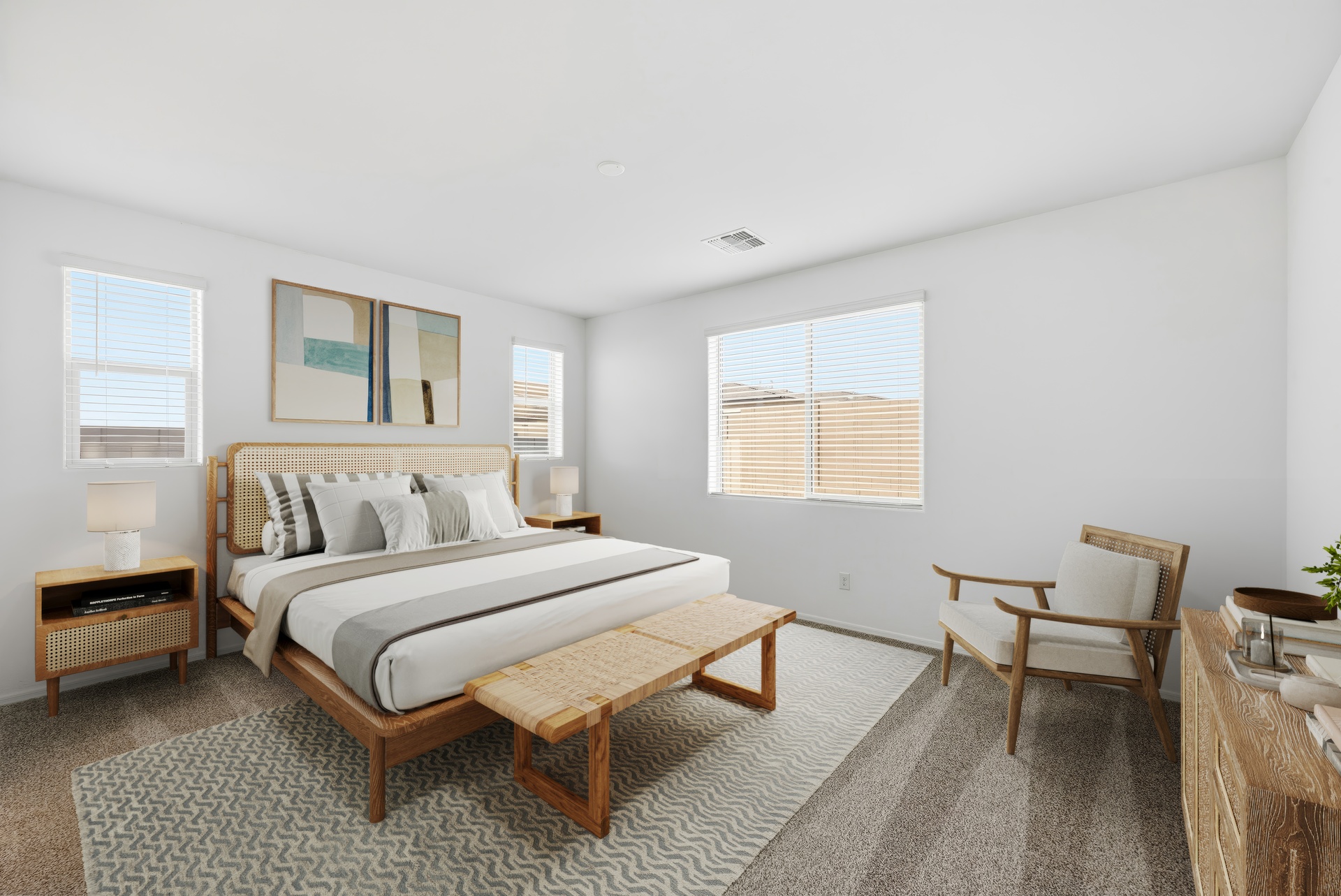 bedroom with large wooden bed and oak dresser