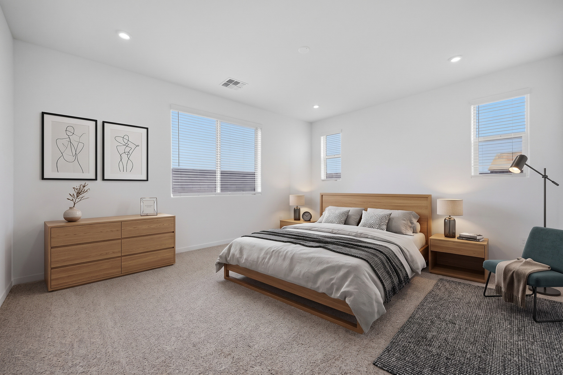 spacious bedroom with a king-sized oak bedframe, oak nightstands, and a large oak dresser