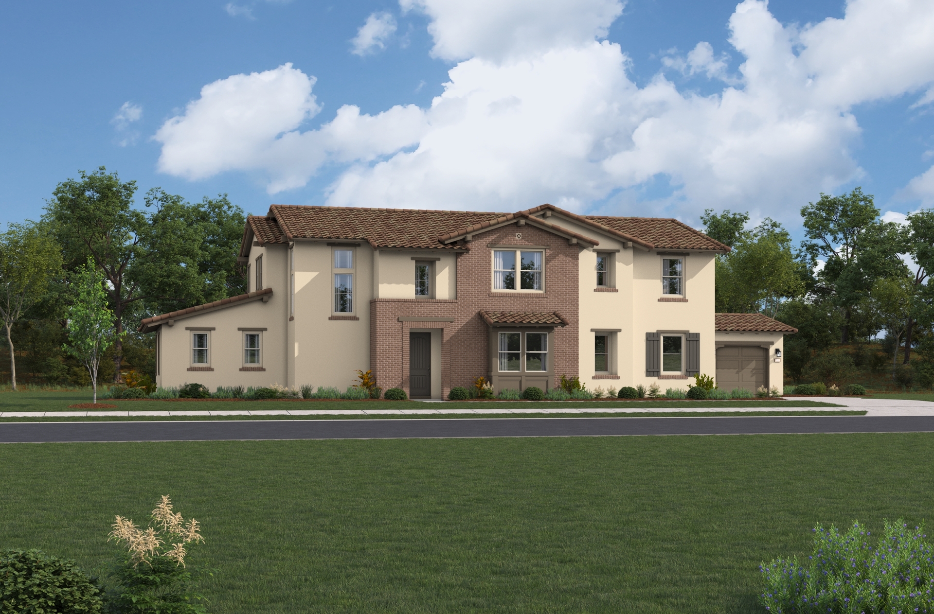 exterior of two-story home with large windows and brown garage