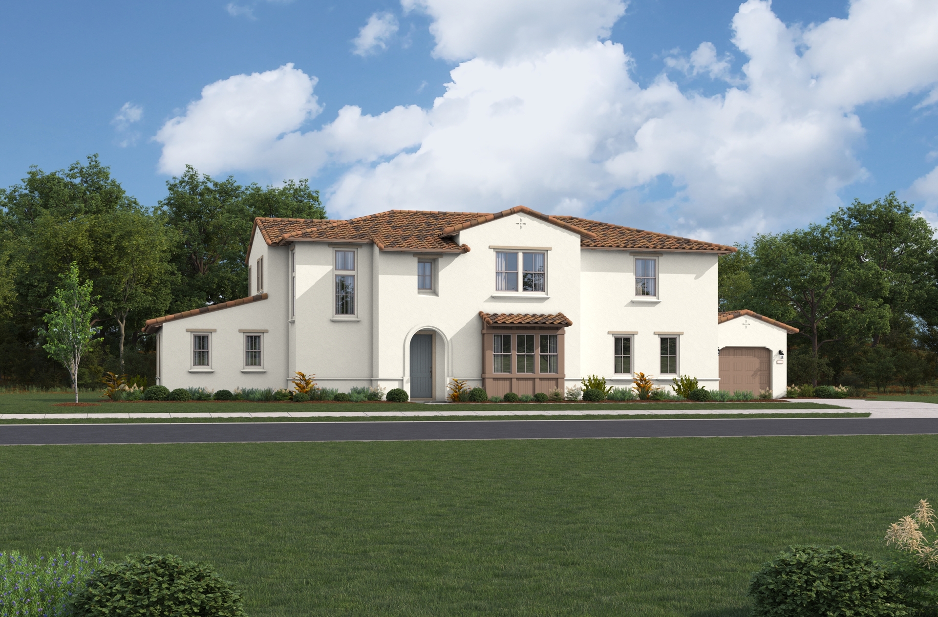 exterior of two-story home with large windows and brown garage