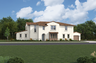 exterior of two-story home with large windows and brown garage