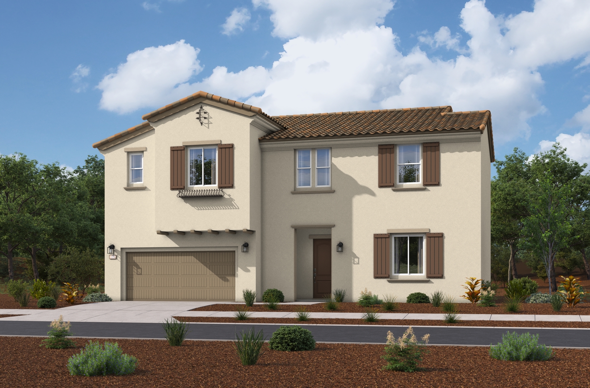 light brown two-story exterior with a dark brown windowless garage door
