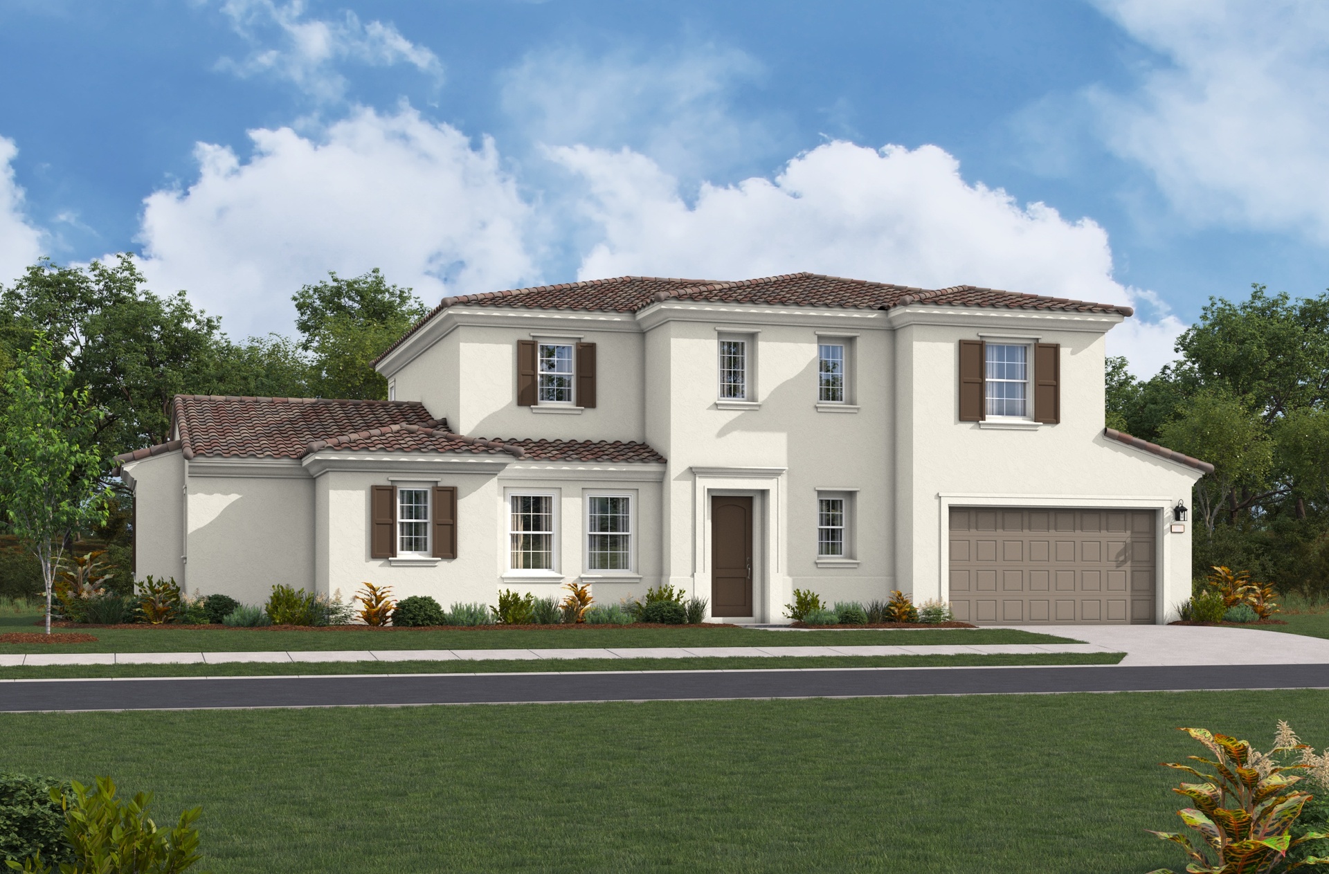 exterior of two-story home with brown garage and large windows