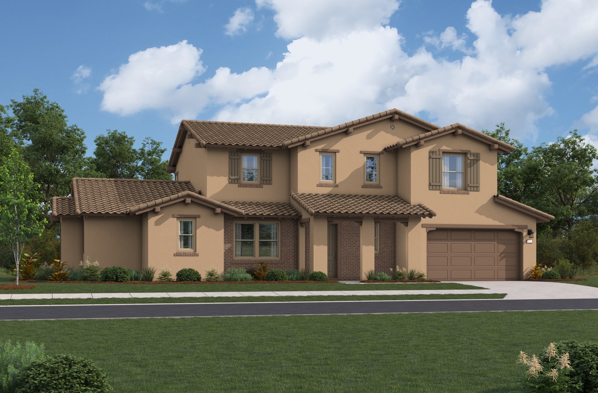exterior of two-story home with large windows and brown garage