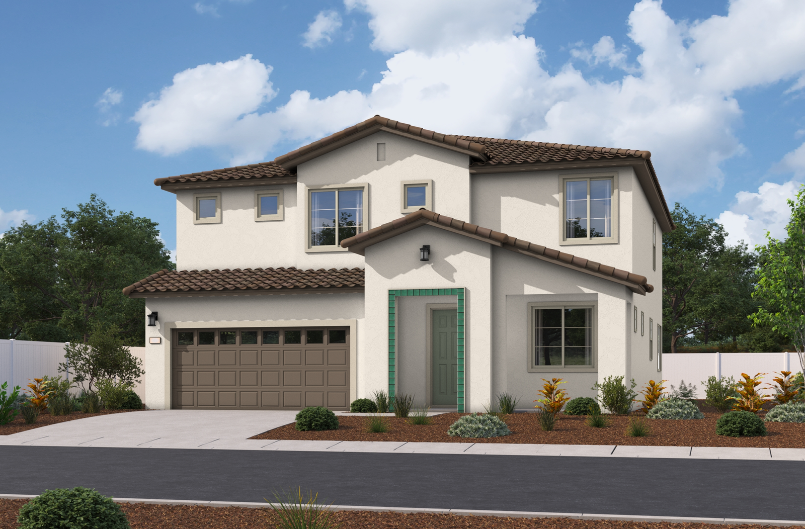 two-story exterior with a brown windowed garage and a green trim around the front entryway