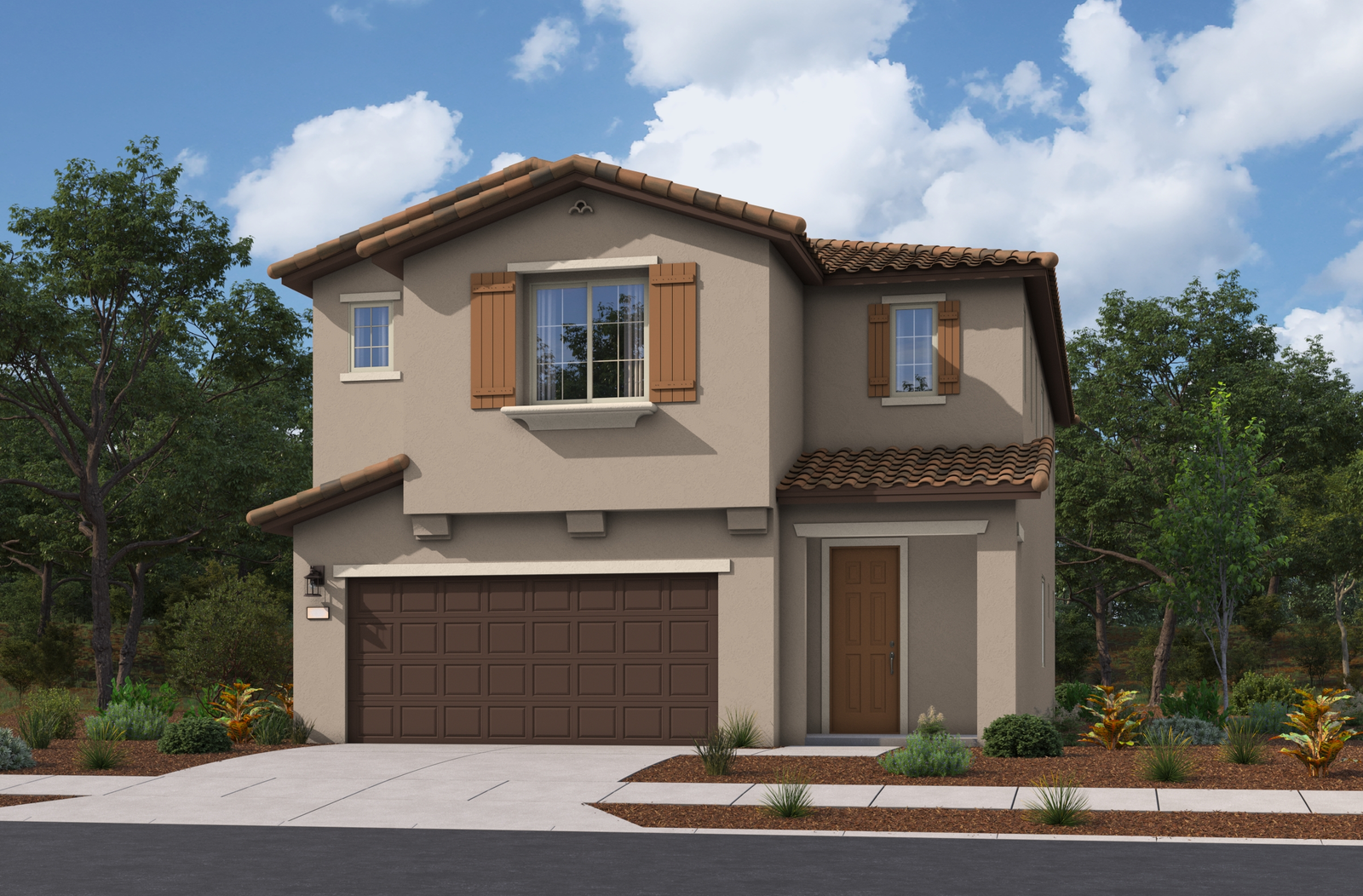 brown two-story exterior with a brown windowless garage and light brown door