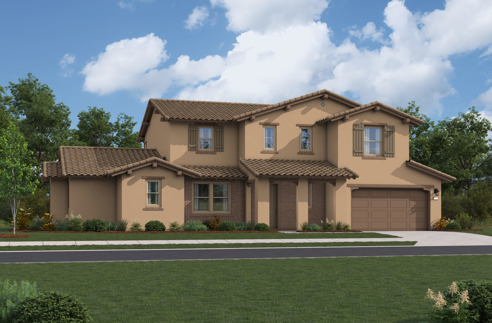 exterior of two-story home with large windows and brown garage