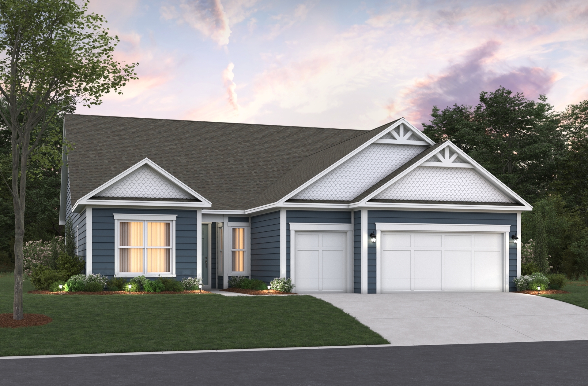 dark blue siding with white trim and white garage doors